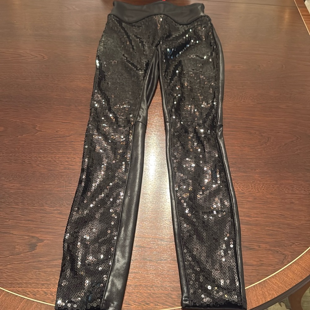 Spanx Black Sequin/Leather Leggings Size XS